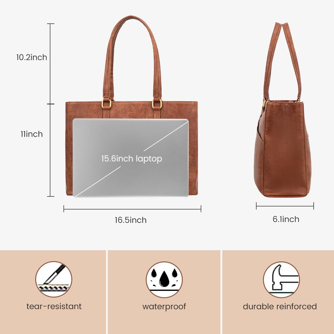 Laptop Tote Bag for Women 15.6 Inch Waterproof Leather