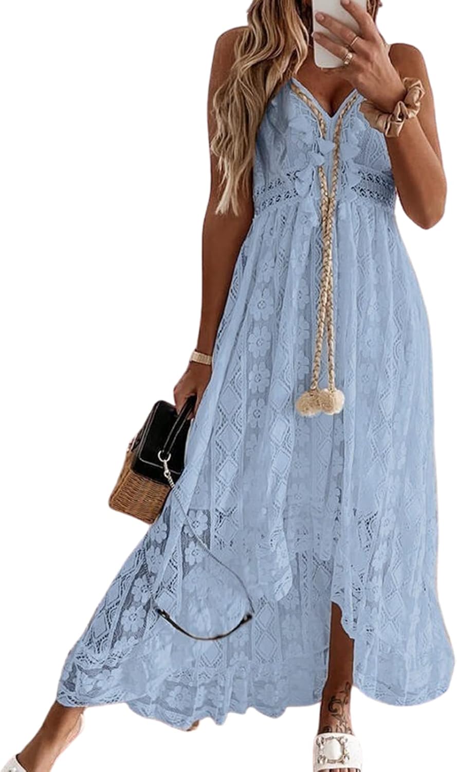 Jojoans Women's Summer Sleeveless Lace Casual Tassel
