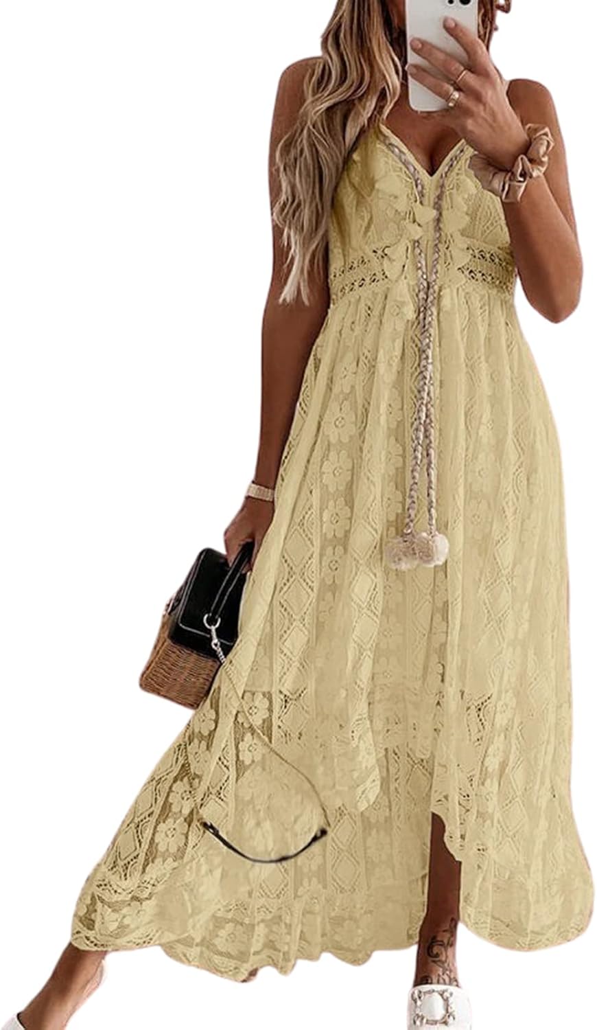 Jojoans Women's Summer Sleeveless Lace Casual Tassel