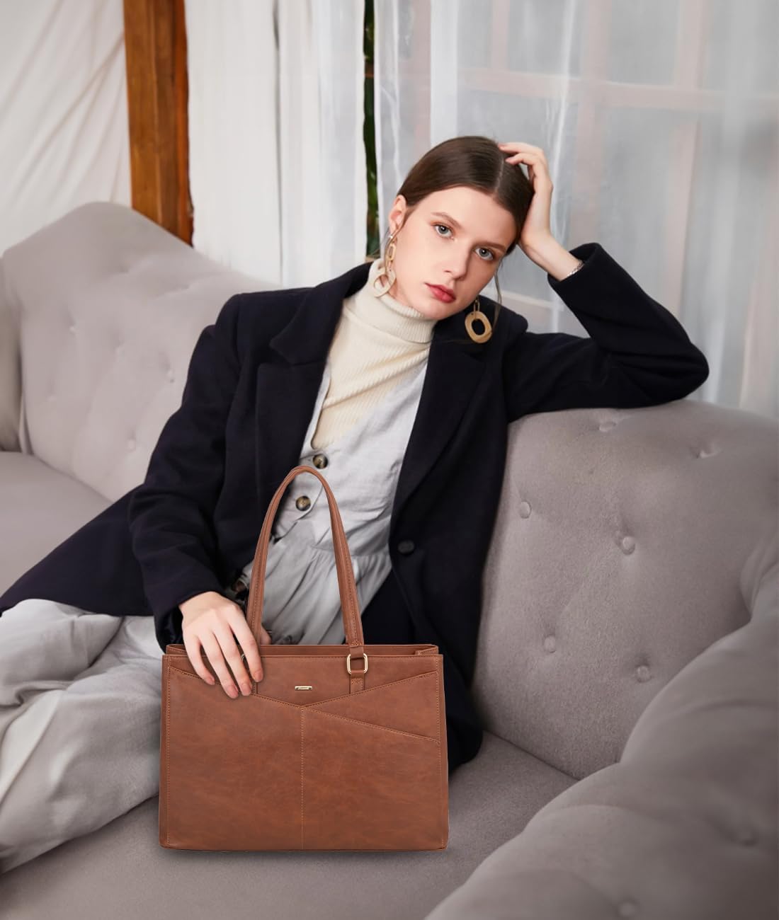 Laptop Tote Bag for Women 15.6 Inch Waterproof Leather