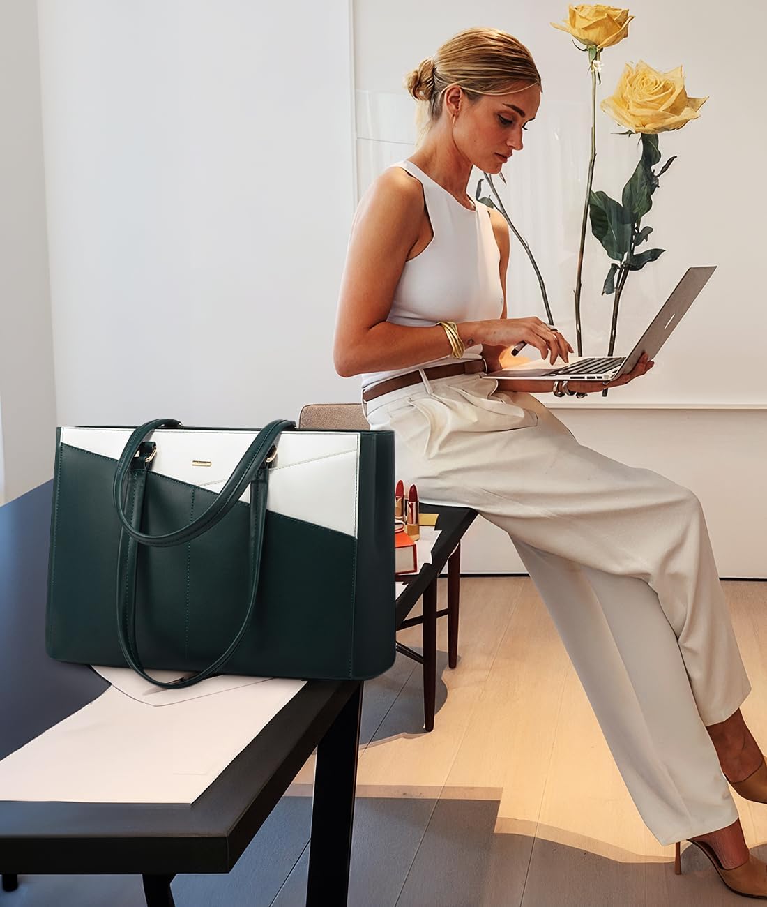 Laptop Tote Bag for Women 15.6 Inch Waterproof Leather