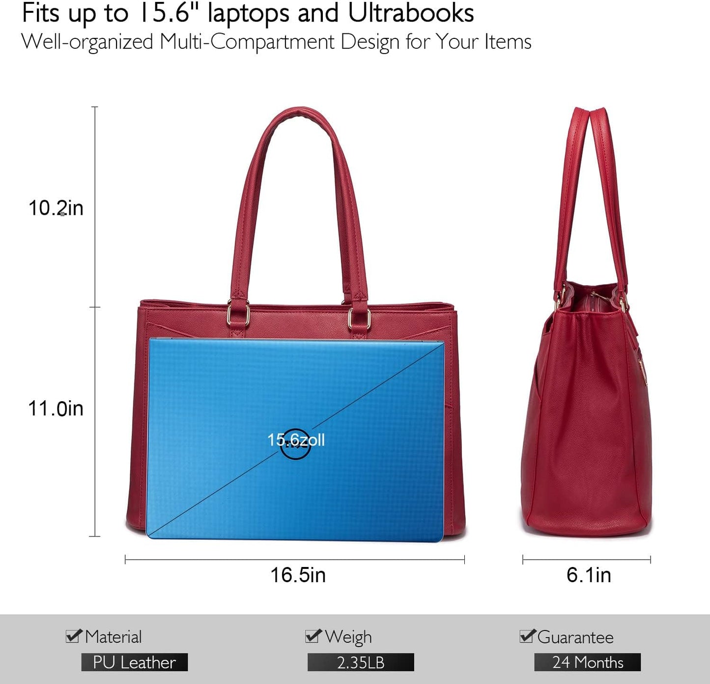 Laptop Tote Bag for Women 15.6 Inch Waterproof Leather