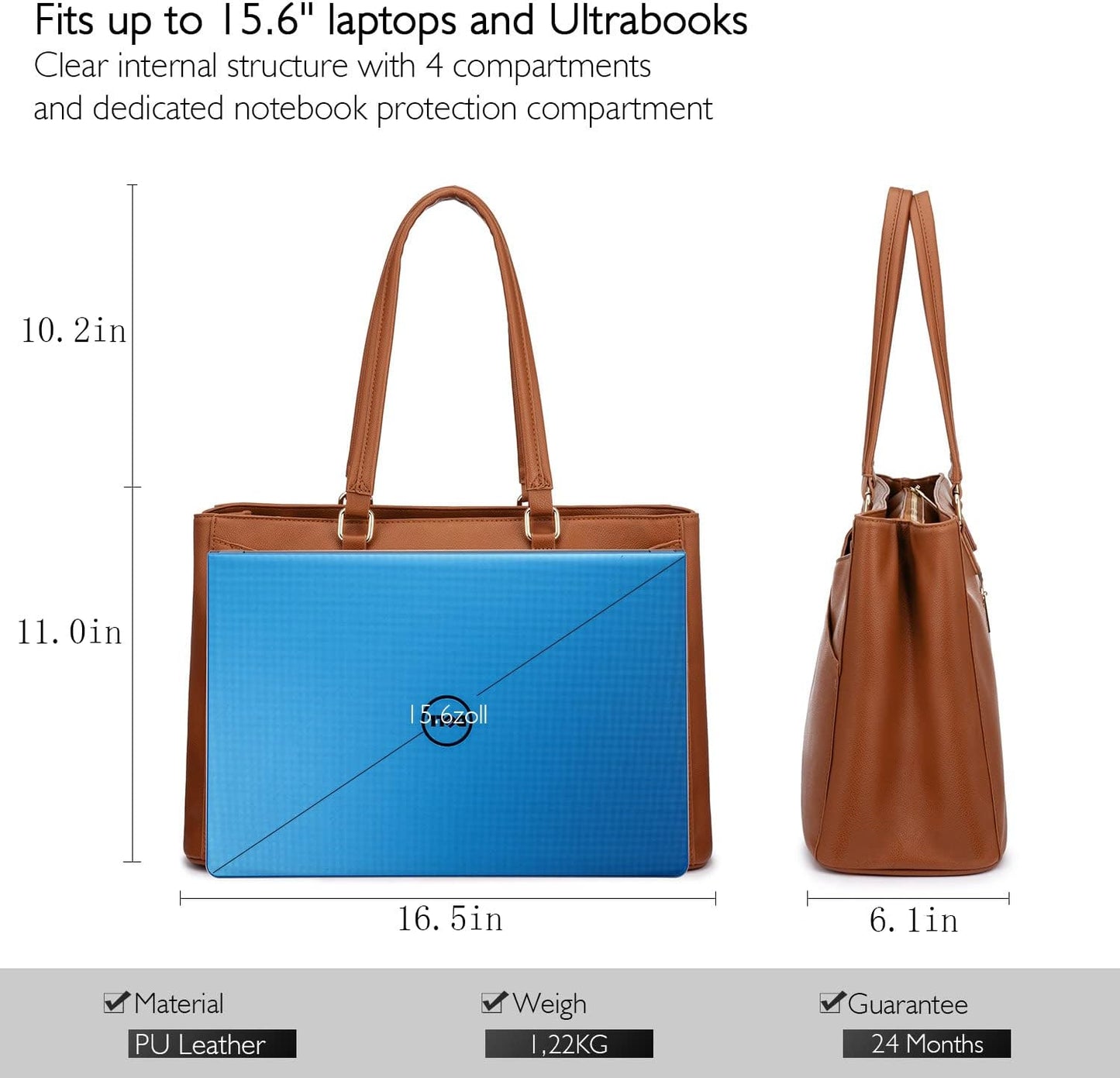Laptop Tote Bag for Women 15.6 Inch Waterproof Leather