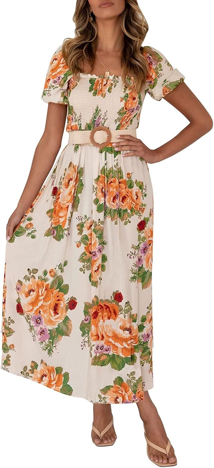 Jojoans Women's 2025 Summer Boho Floral Print Square Neck Ruffle Long Maxi Dress