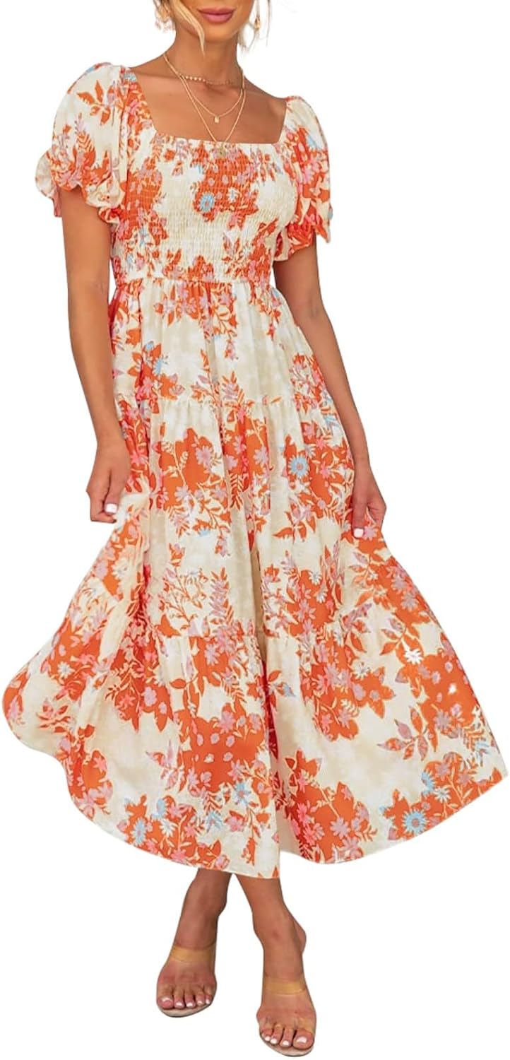 Jojoans Women's 2025 Summer Boho Floral Print Square Neck Ruffle Long Maxi Dress