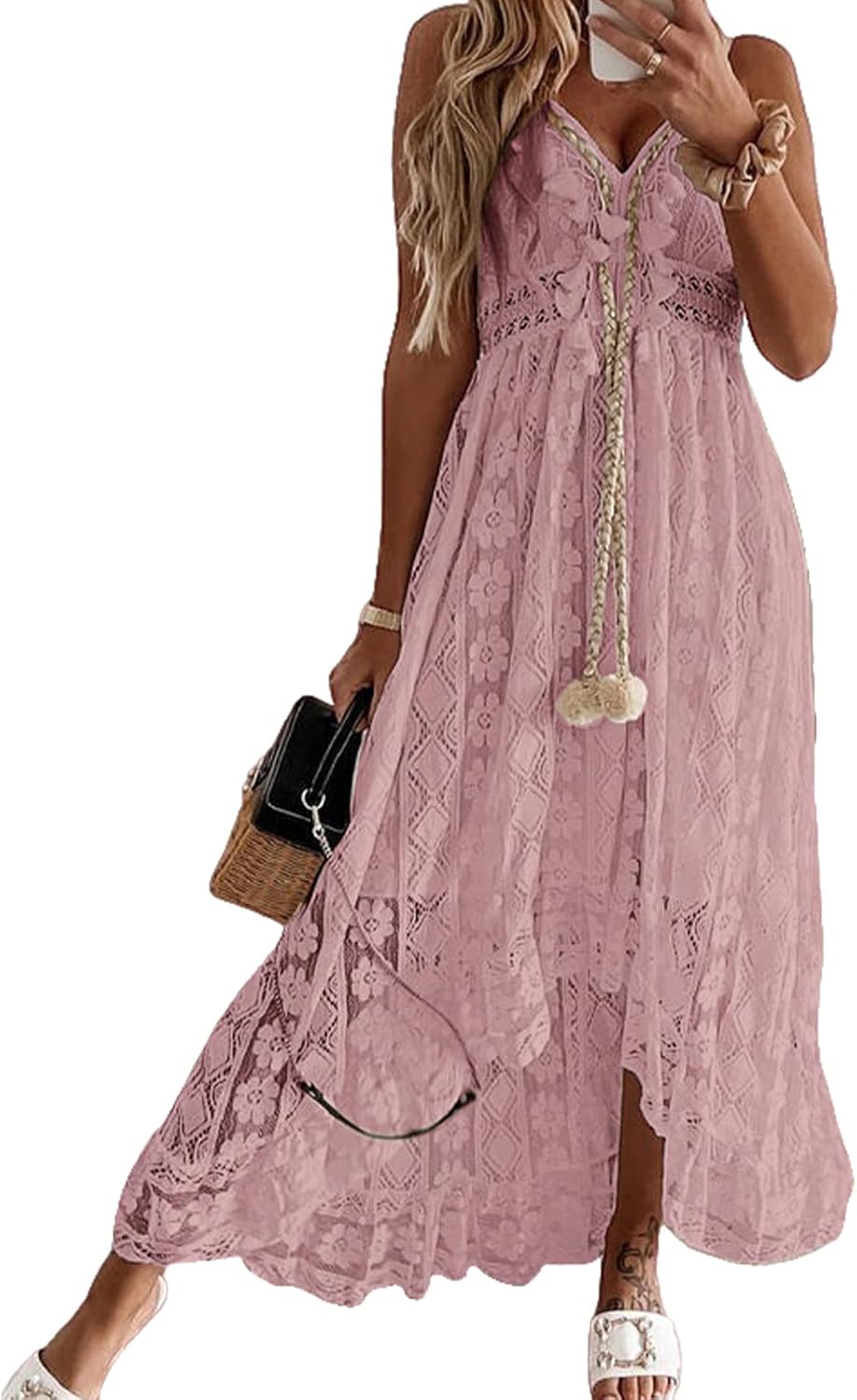 Jojoans Women's Summer Sleeveless Lace Casual Tassel