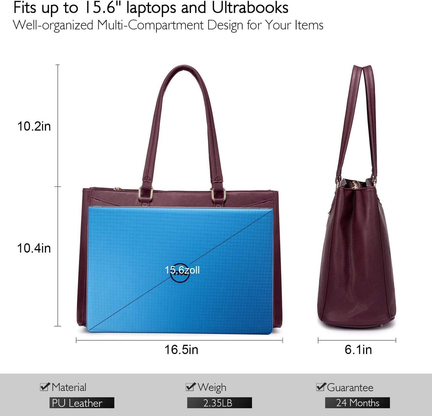 Laptop Tote Bag for Women 15.6 Inch Waterproof Leather