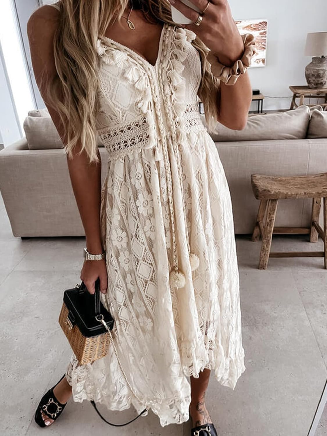 Jojoans Women's Summer Sleeveless Lace Casual Tassel