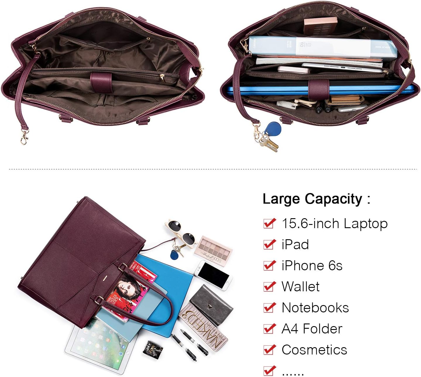 Laptop Tote Bag for Women 15.6 Inch Waterproof Leather