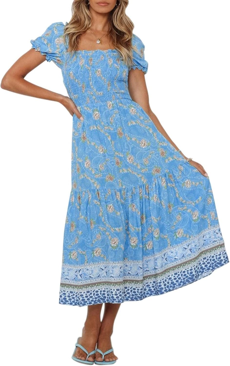 Jojoans Women's 2025 Summer Boho Floral Print Square Neck Ruffle Long Maxi Dress
