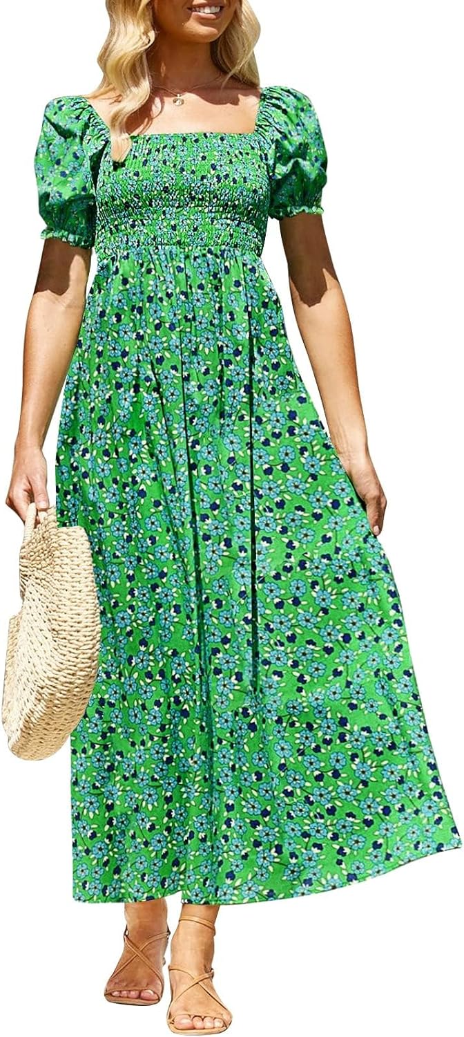 Jojoans Women's 2025 Summer Boho Floral Print Square Neck Ruffle Long Maxi Dress