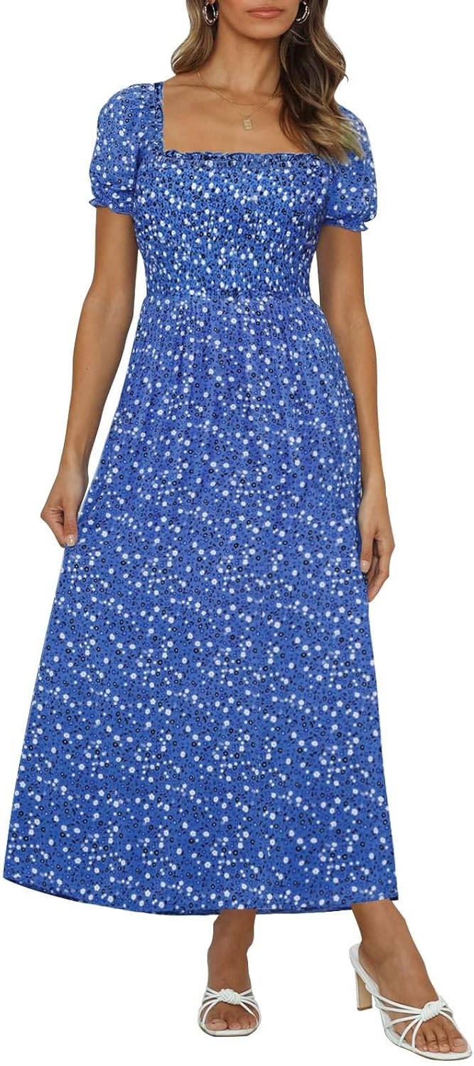 Jojoans Women's 2025 Summer Boho Floral Print Square Neck Ruffle Long Maxi Dress