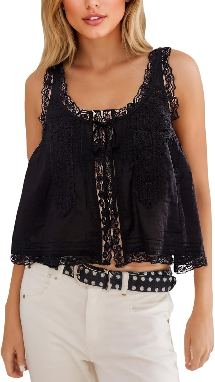 Women Summer Beach Vacation Boho Tie Front Tank Top Lace