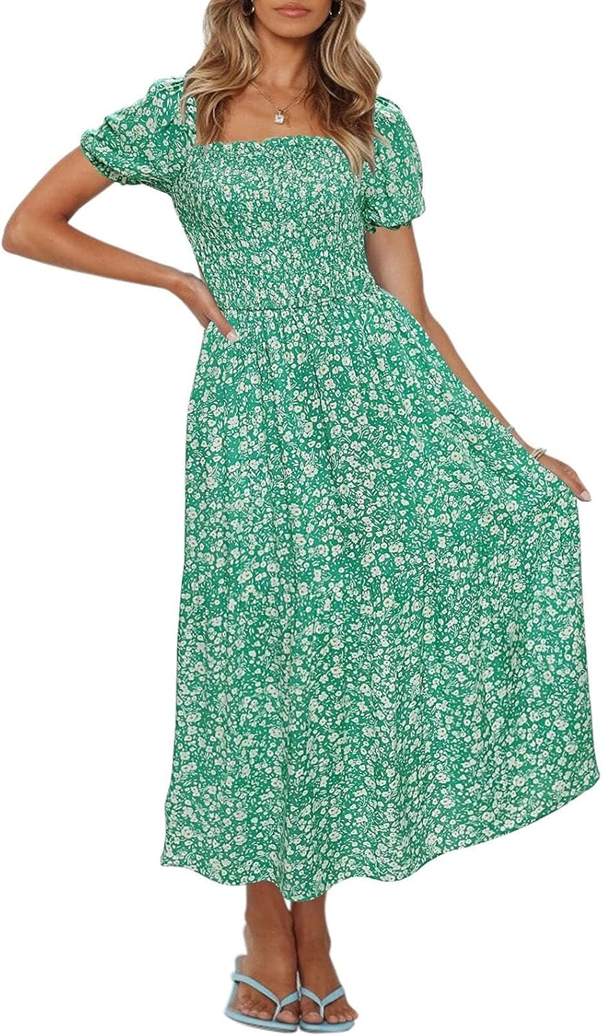 Jojoans Women's 2025 Summer Boho Floral Print Square Neck Ruffle Long Maxi Dress