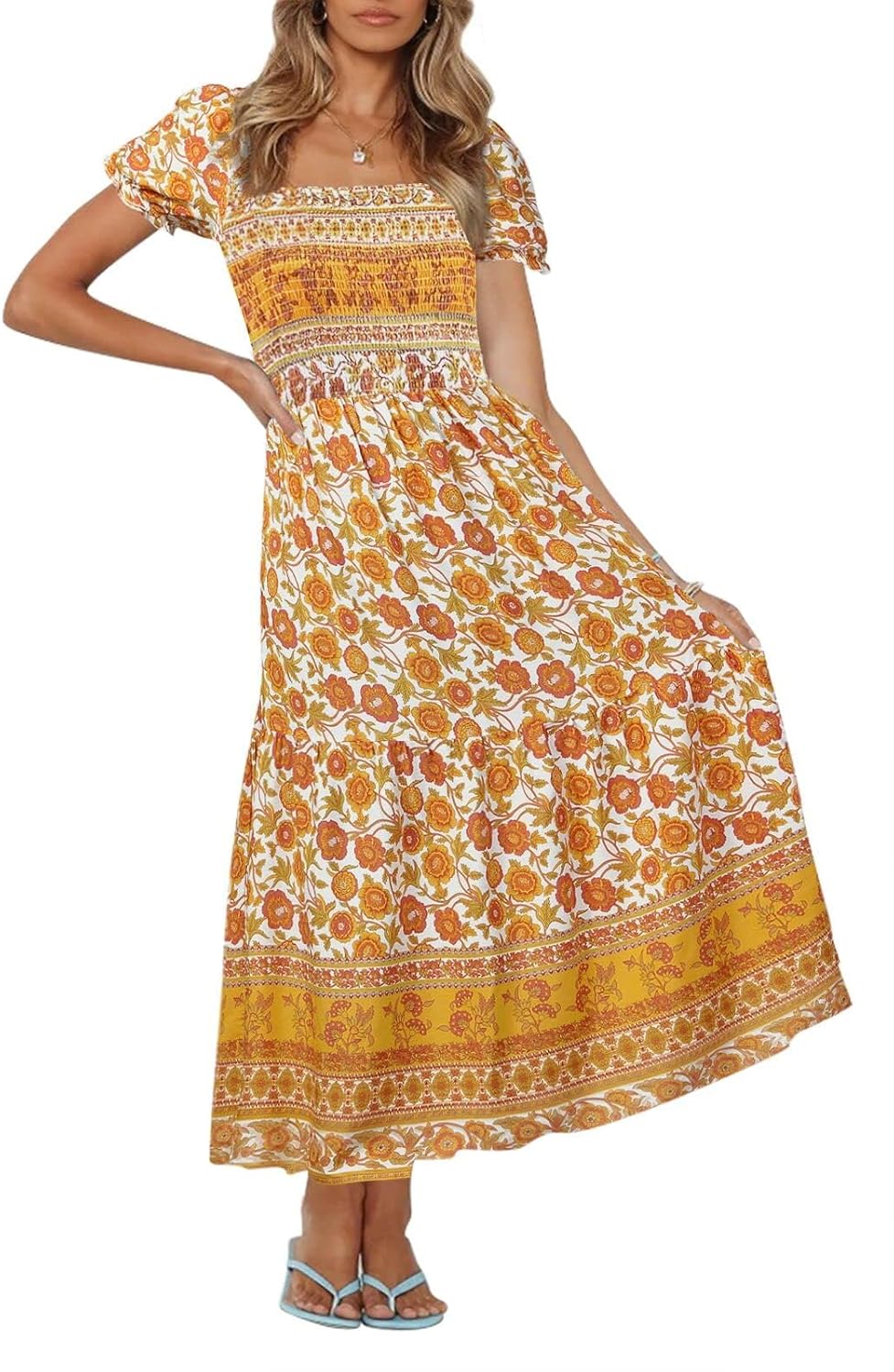 Jojoans Women's 2025 Summer Boho Floral Print Square Neck Ruffle Long Maxi Dress