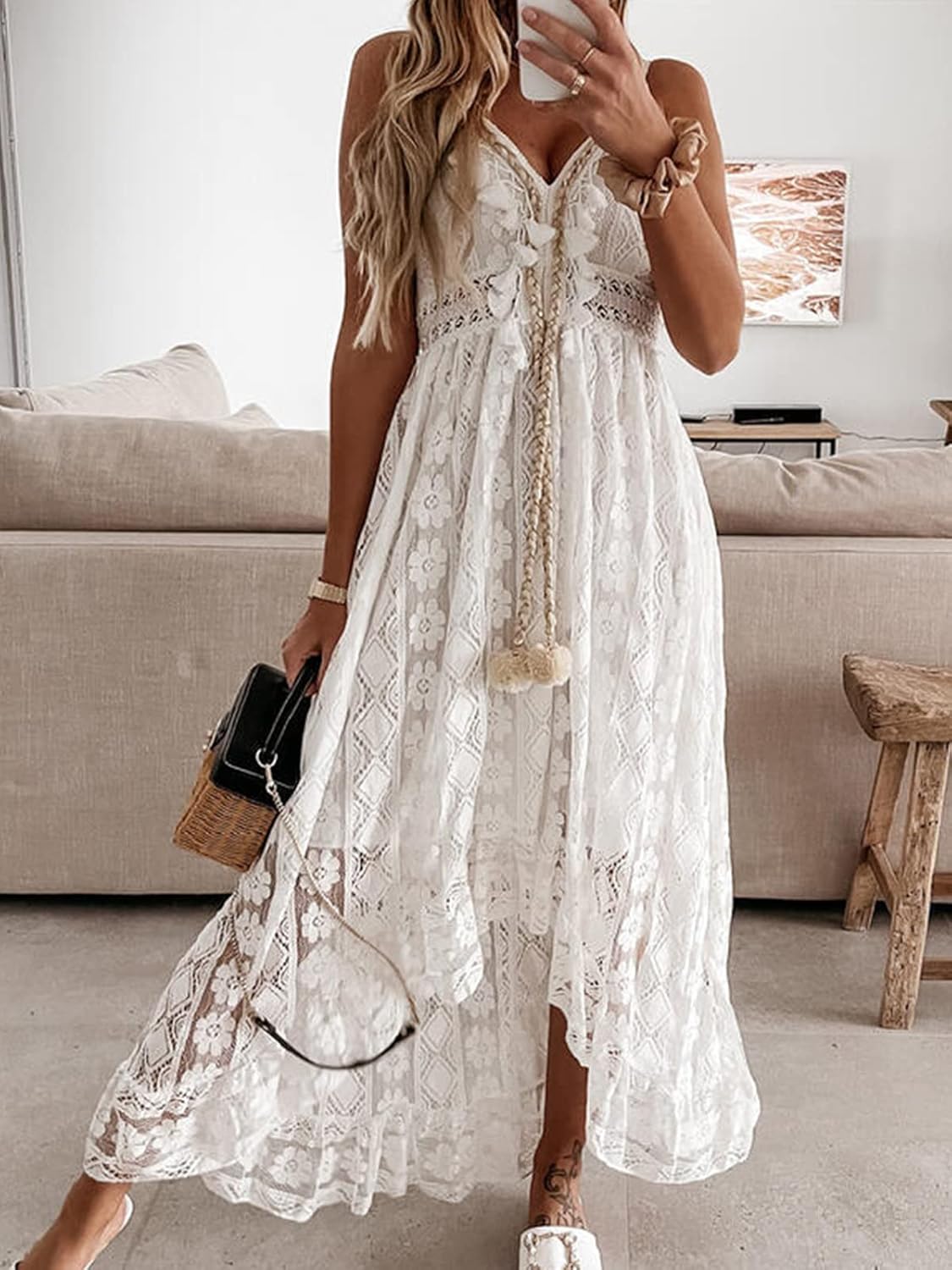 Jojoans Women's Summer Sleeveless Lace Casual Tassel