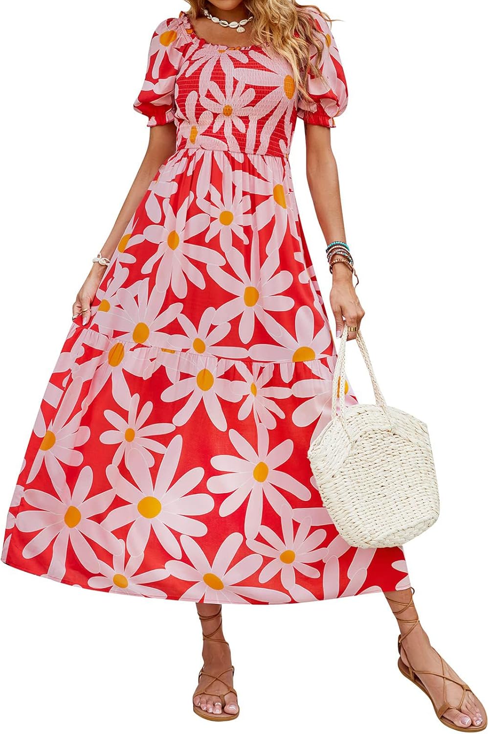 Jojoans Women's 2025 Summer Boho Floral Print Square Neck Ruffle Long Maxi Dress