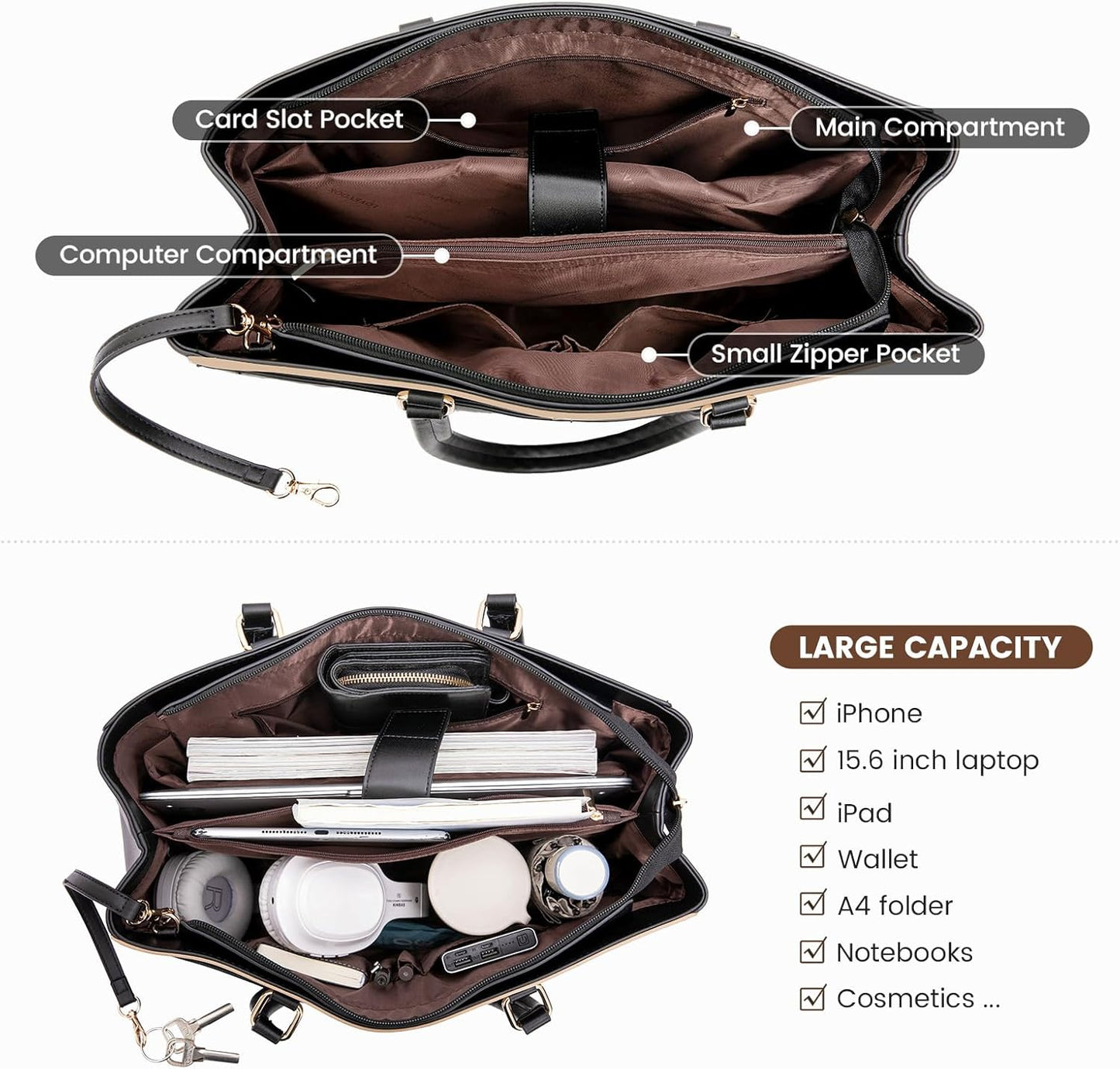 Laptop Tote Bag for Women 15.6 Inch Waterproof Leather