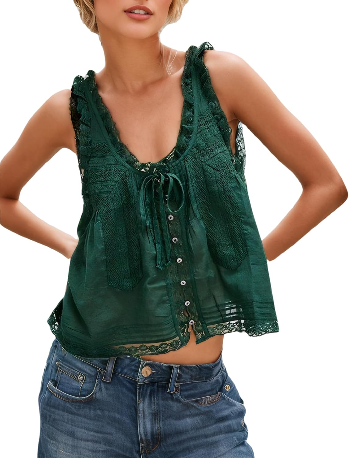 Women Summer Beach Vacation Boho Tie Front Tank Top Lace