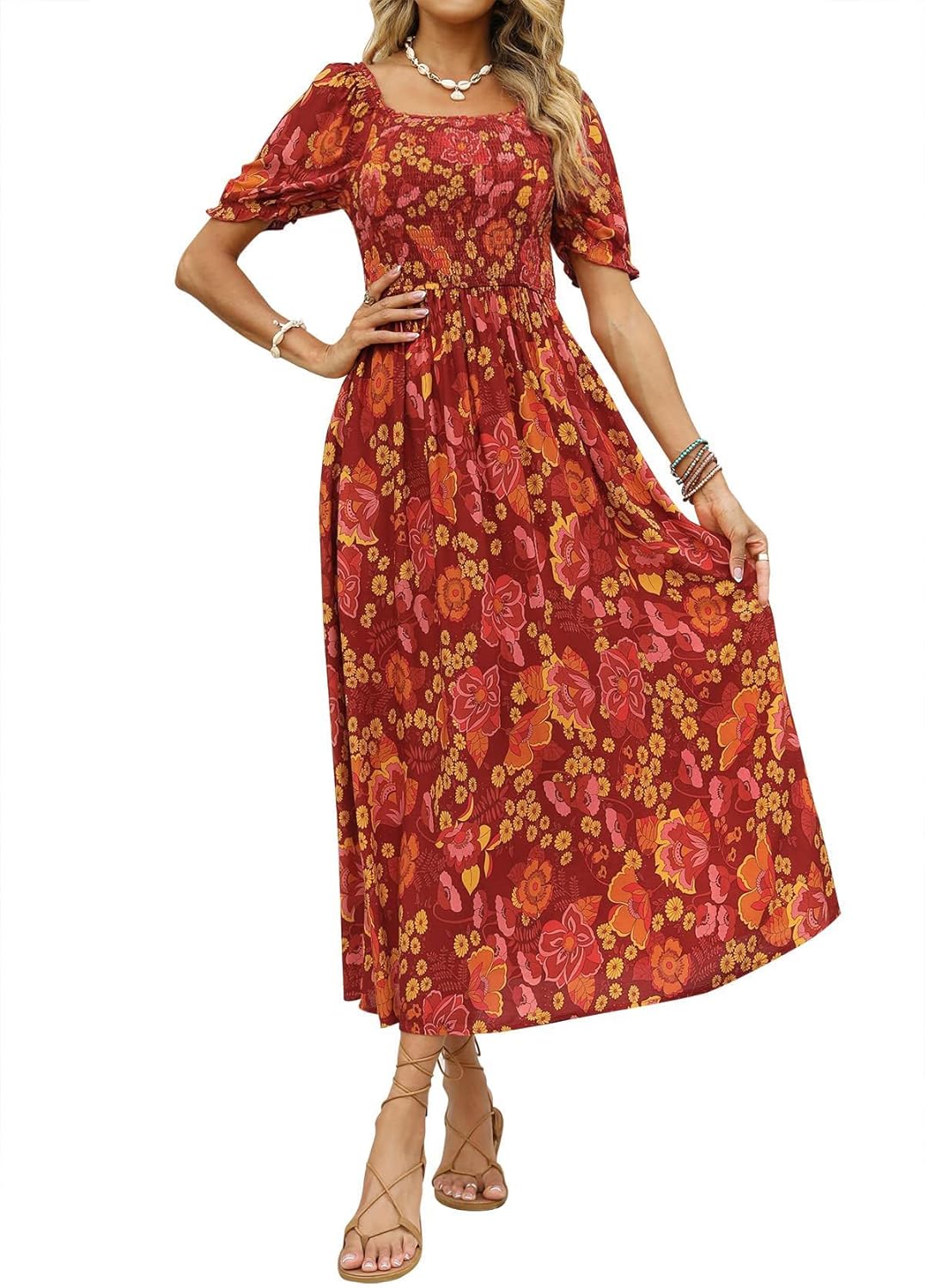 Jojoans Women's 2025 Summer Boho Floral Print Square Neck Ruffle Long Maxi Dress