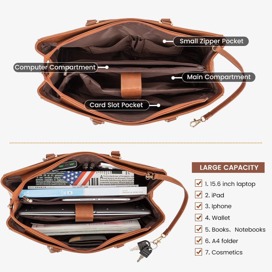 Laptop Tote Bag for Women 15.6 Inch Waterproof Leather