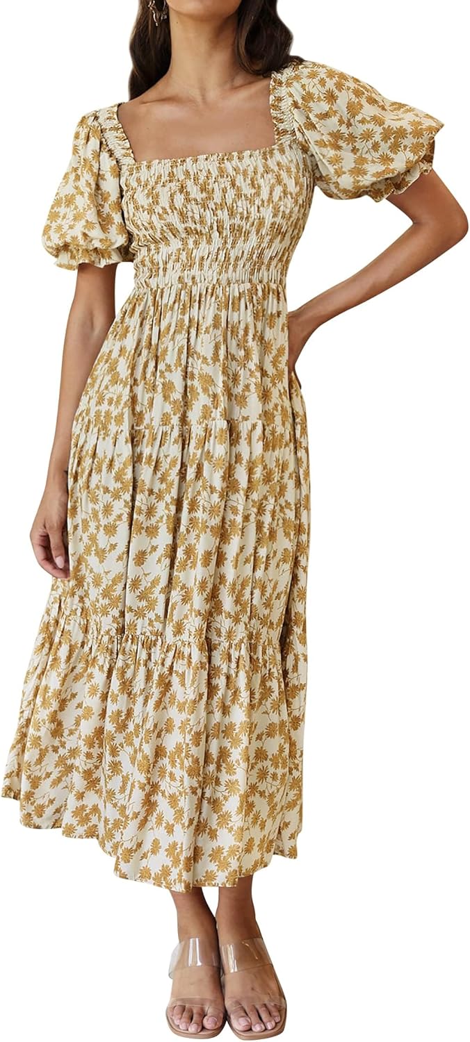 Jojoans Women's 2025 Summer Boho Floral Print Square Neck Ruffle Long Maxi Dress