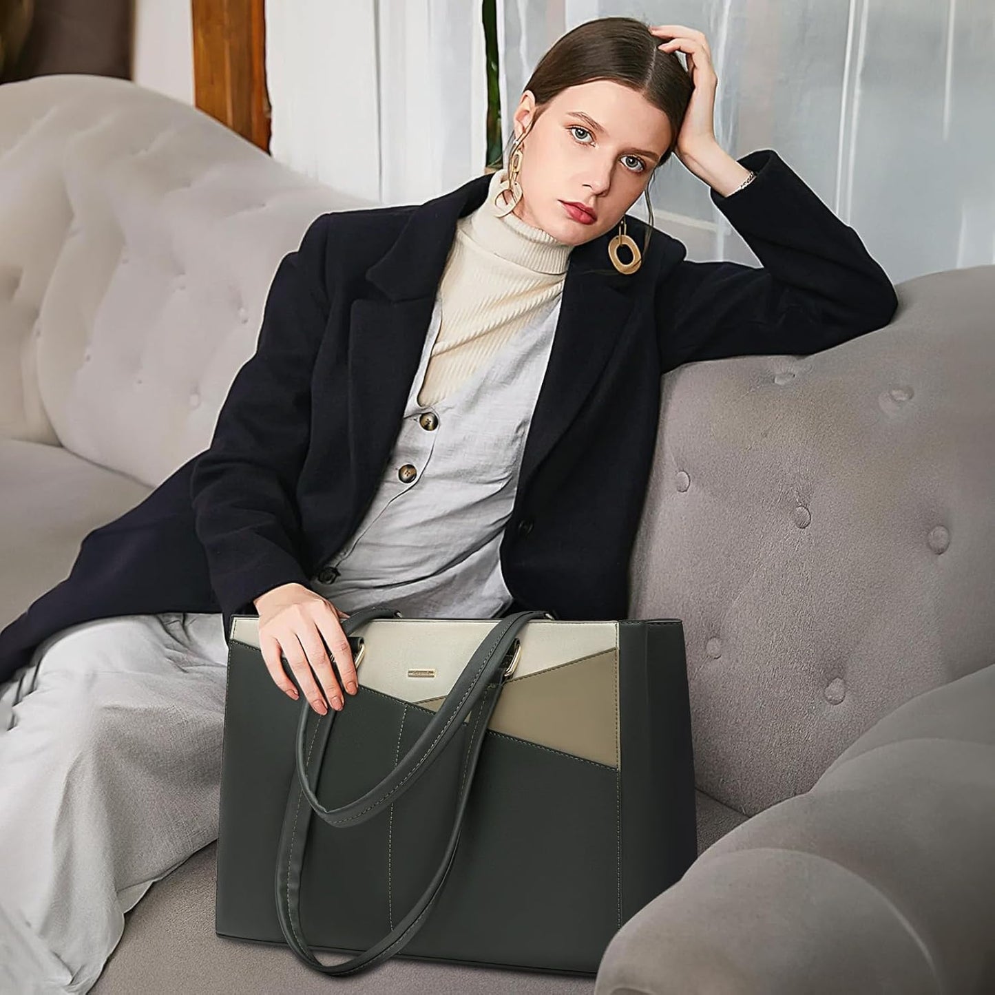 Laptop Tote Bag for Women 15.6 Inch Waterproof Leather