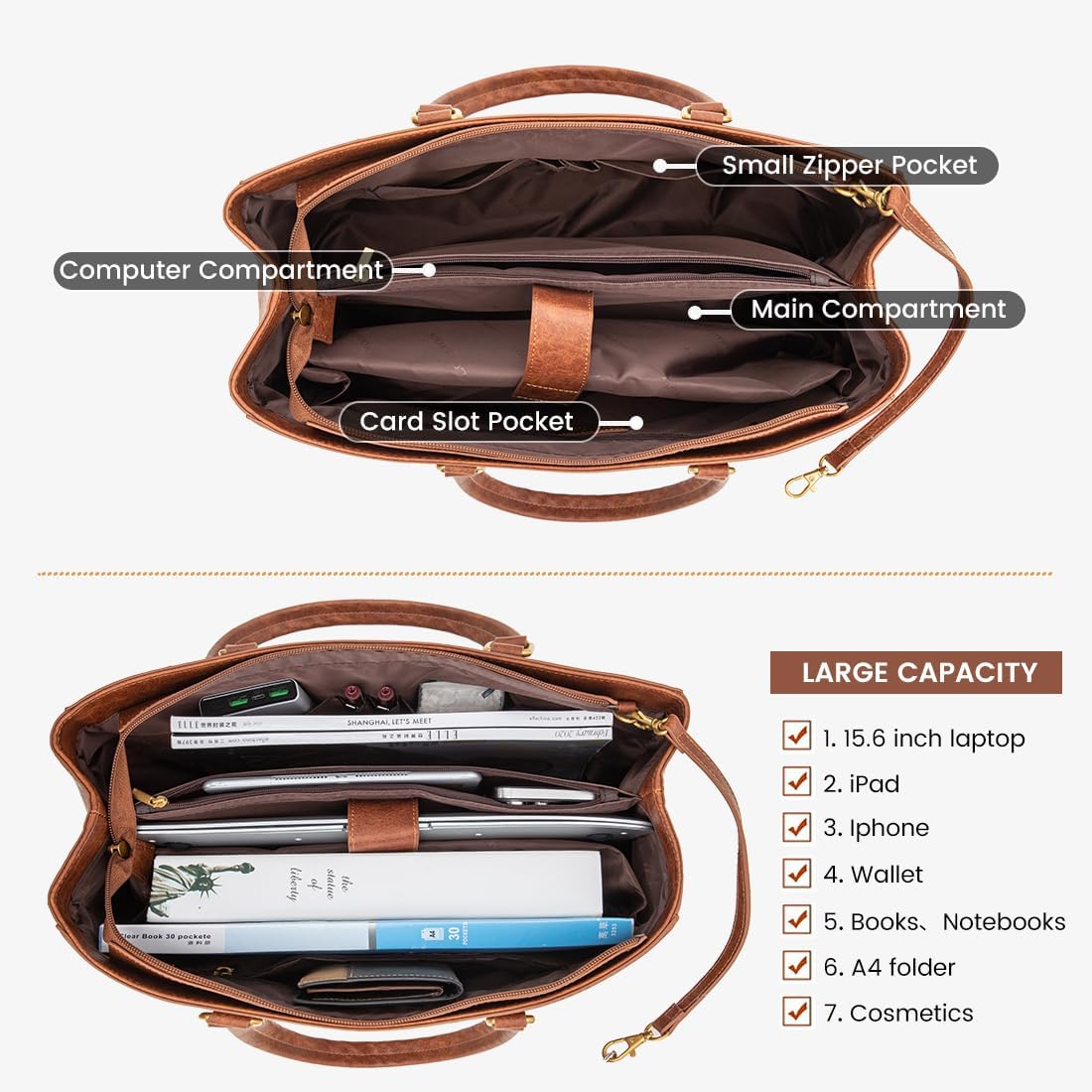 Laptop Tote Bag for Women 15.6 Inch Waterproof Leather