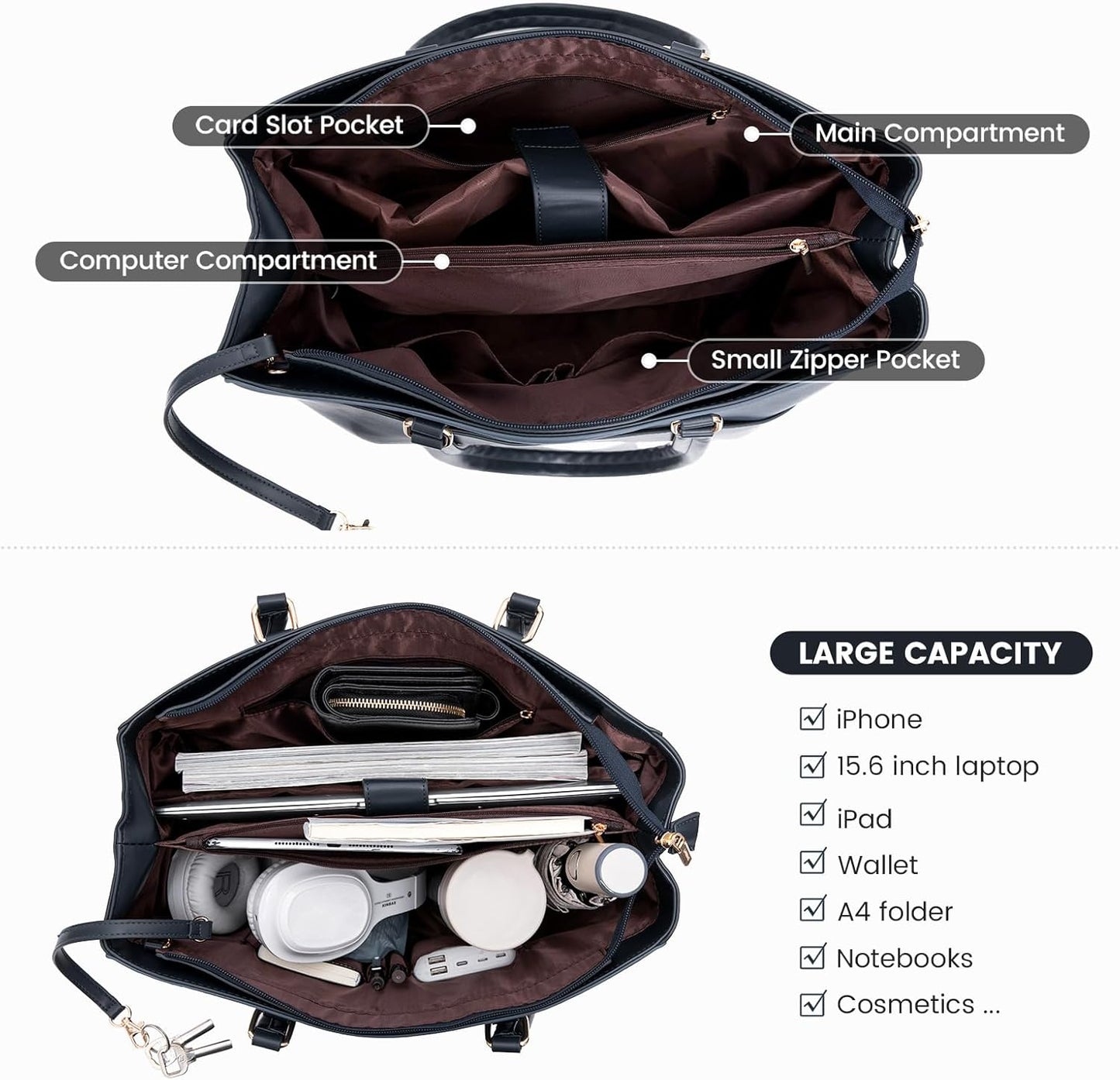 Laptop Tote Bag for Women 15.6 Inch Waterproof Leather