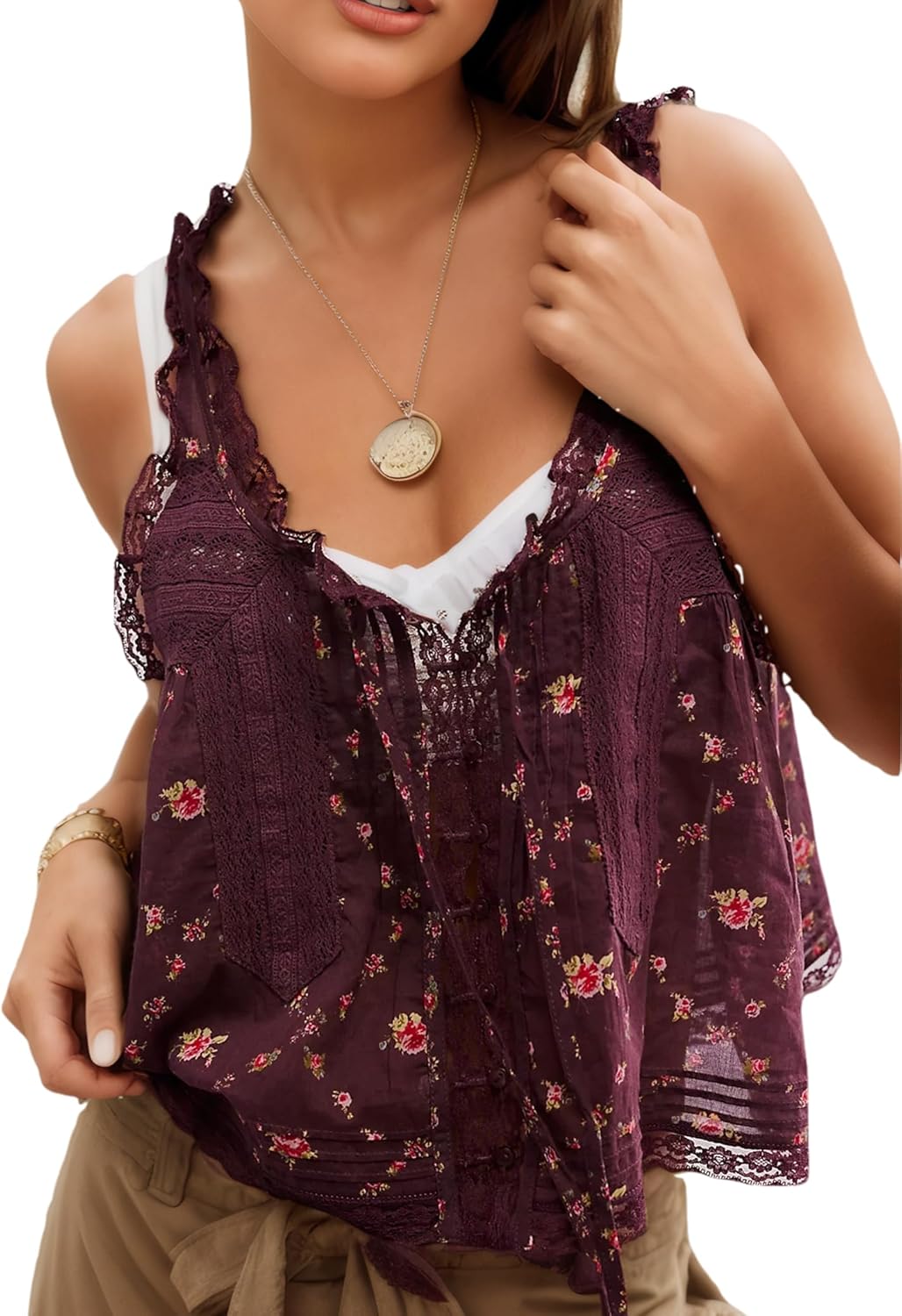 Women Summer Beach Vacation Boho Tie Front Tank Top Lace