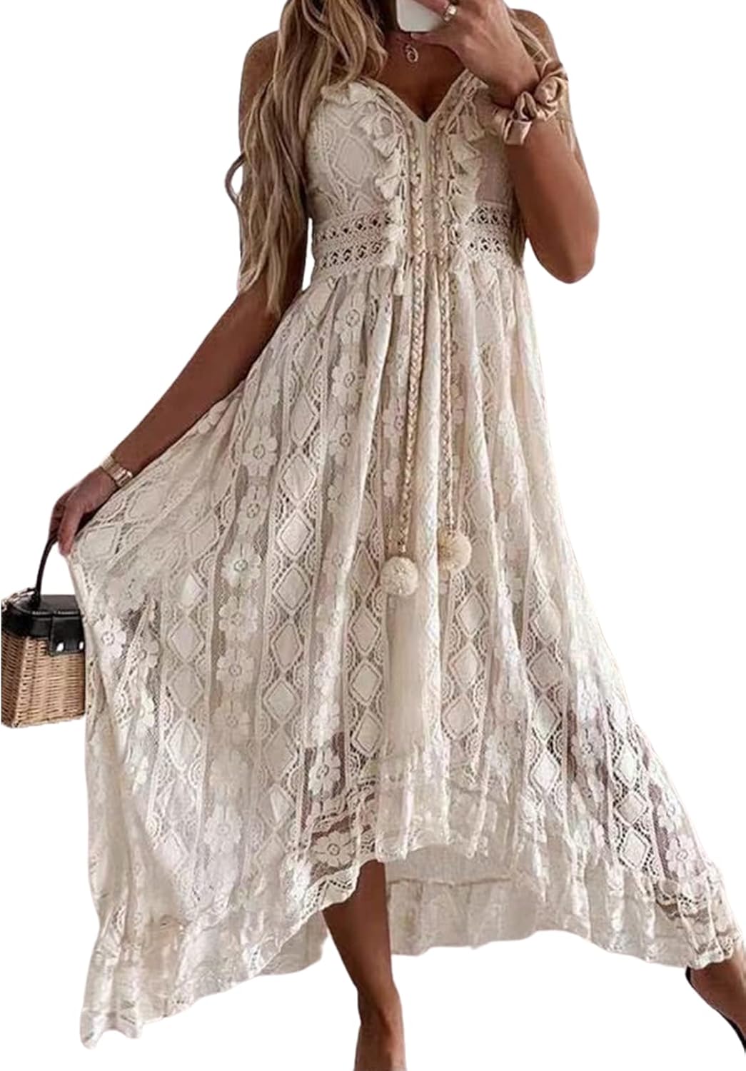 Jojoans Women's Summer Sleeveless Lace Casual Tassel