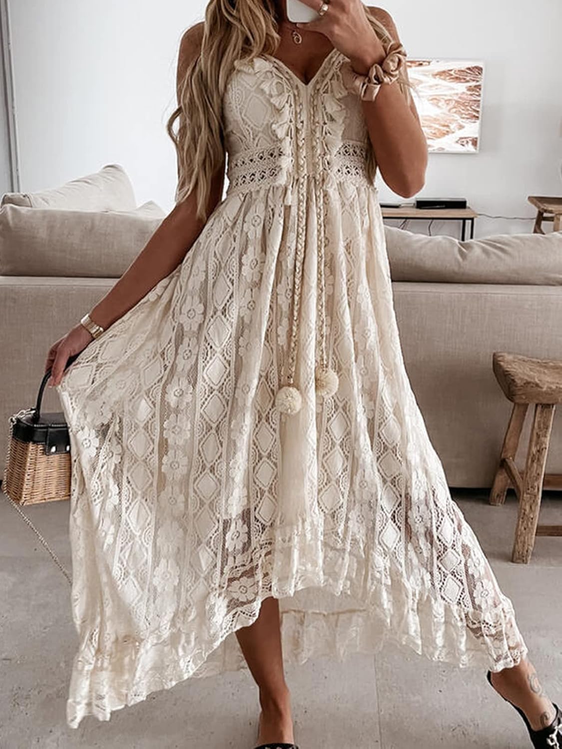 Jojoans Women's Summer Sleeveless Lace Casual Tassel