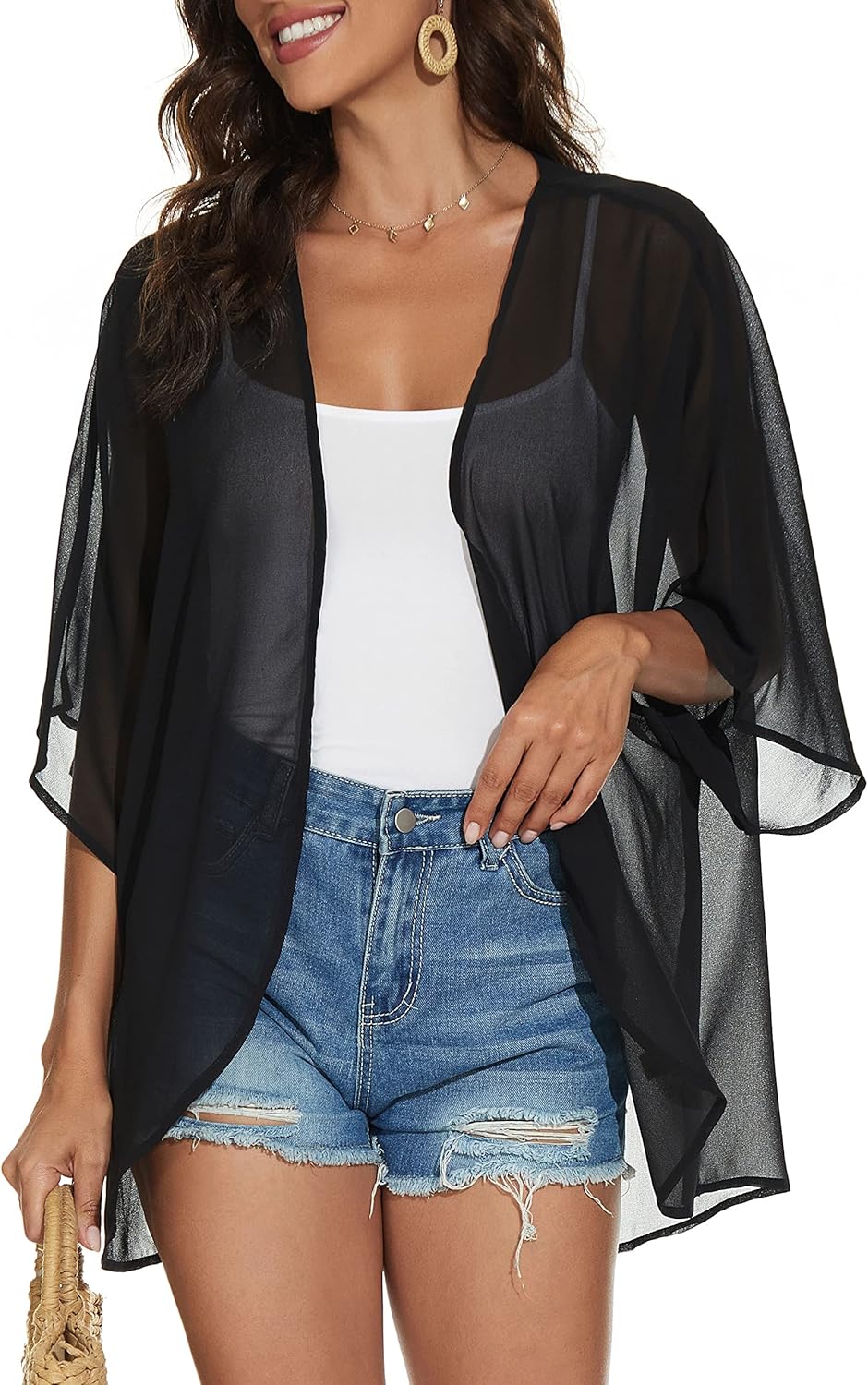 Women's Floral Print Puff Sleeve Kimono Cardigan