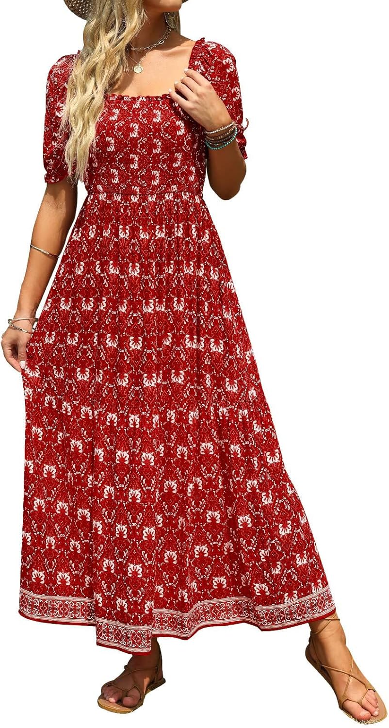 Jojoans Women's 2025 Summer Boho Floral Print Square Neck Ruffle Long Maxi Dress