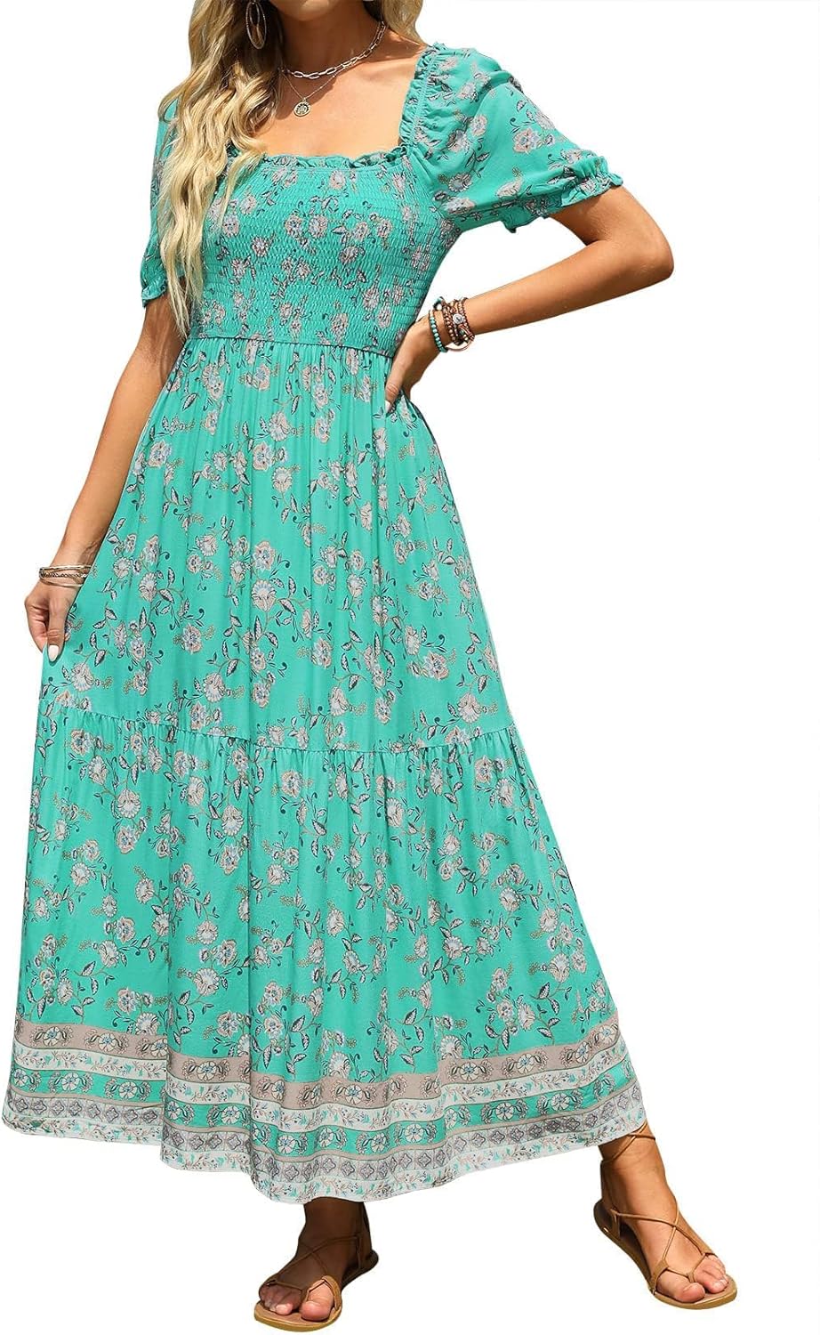 Jojoans Women's 2025 Summer Boho Floral Print Square Neck Ruffle Long Maxi Dress