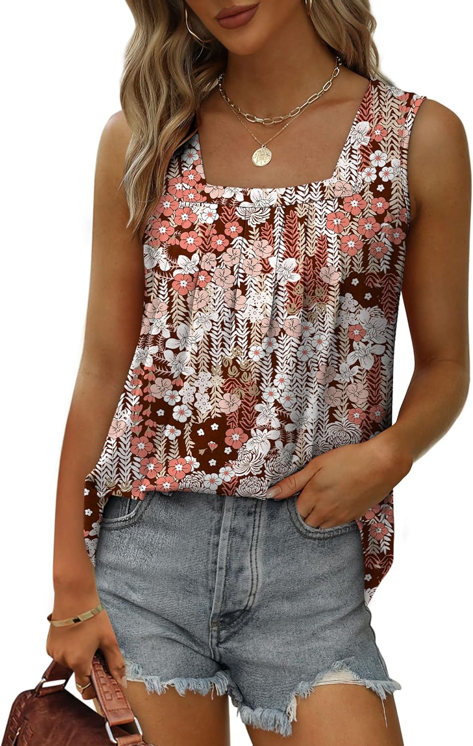 Jojoans Summer Tank Tops for Women Loose Fit Pleated Square