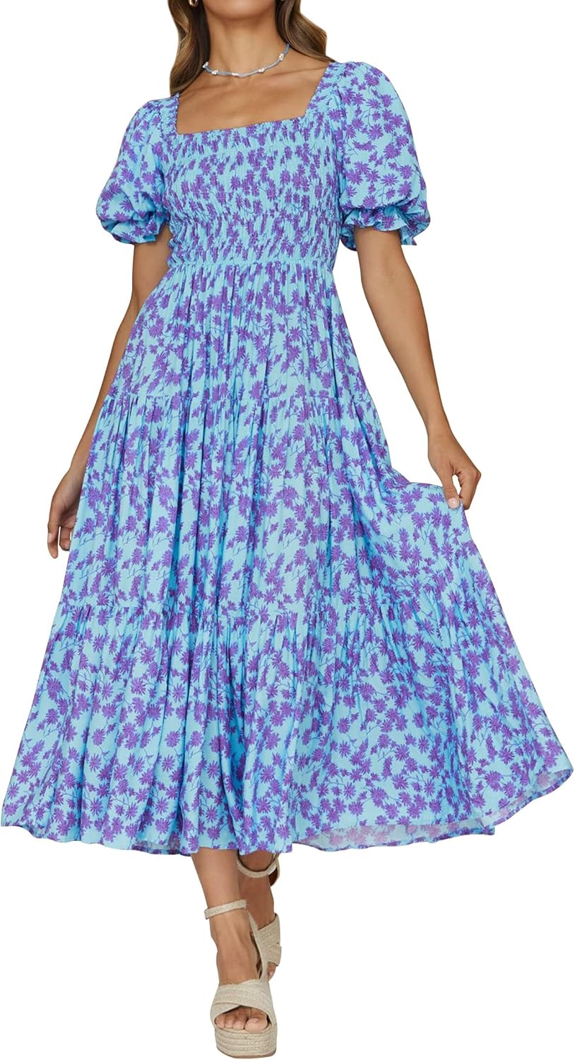 Jojoans Women's 2025 Summer Boho Floral Print Square Neck Ruffle Long Maxi Dress