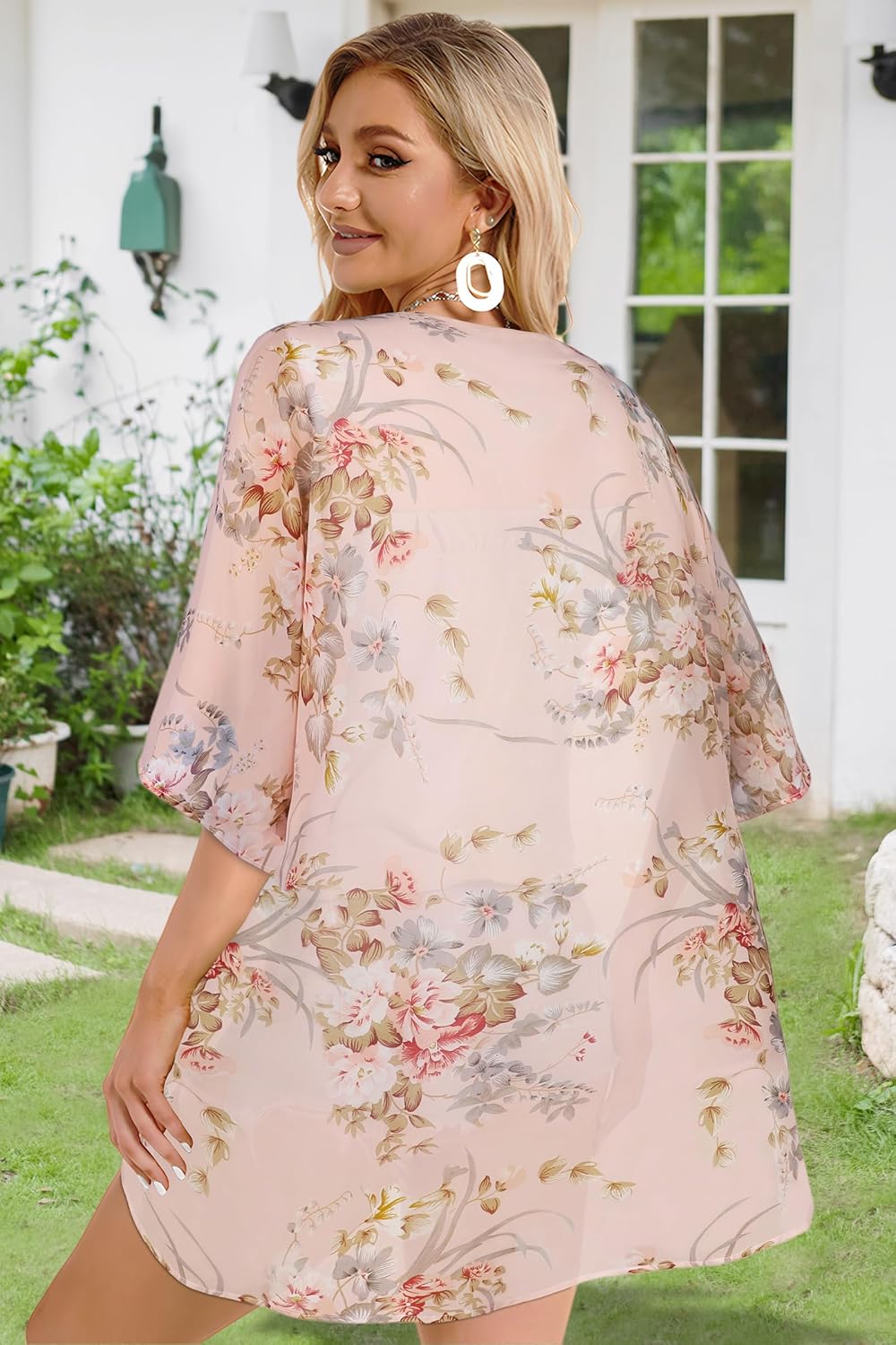 Women's Floral Print Puff Sleeve Kimono Cardigan