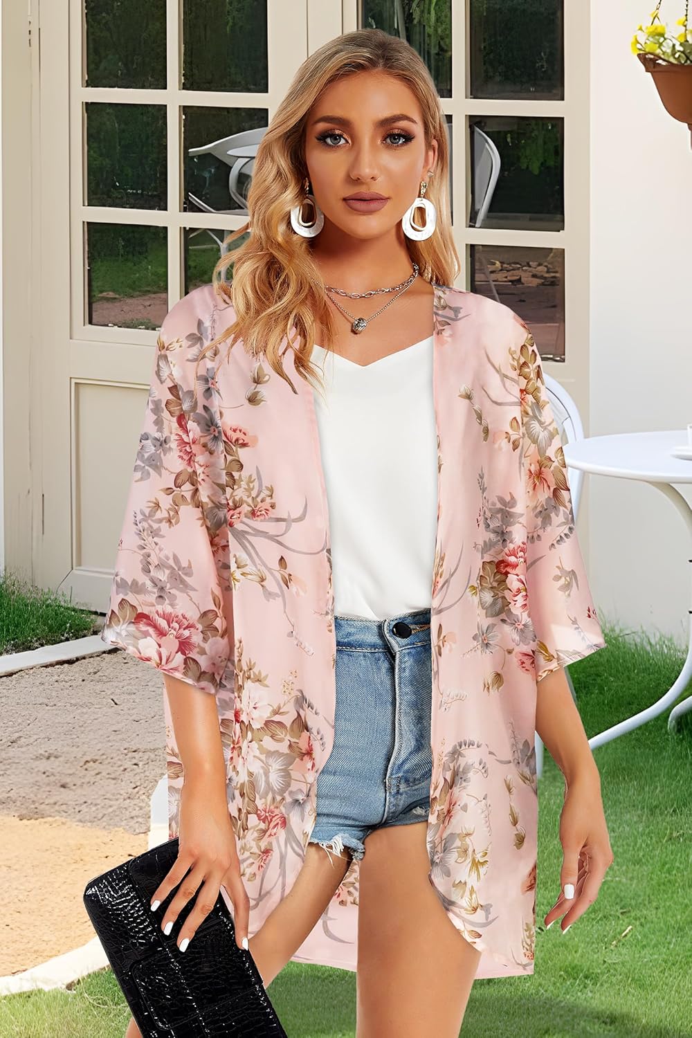 Women's Floral Print Puff Sleeve Kimono Cardigan