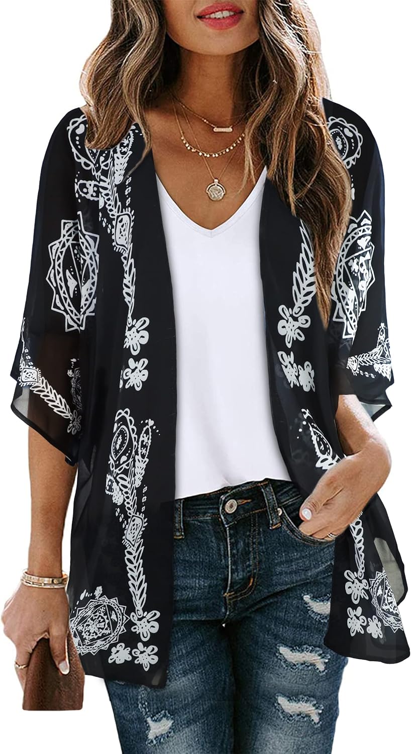 Women's Floral Print Puff Sleeve Kimono Cardigan
