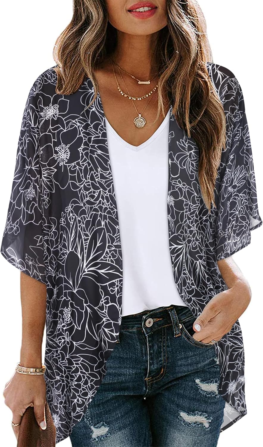 Women's Floral Print Puff Sleeve Kimono Cardigan