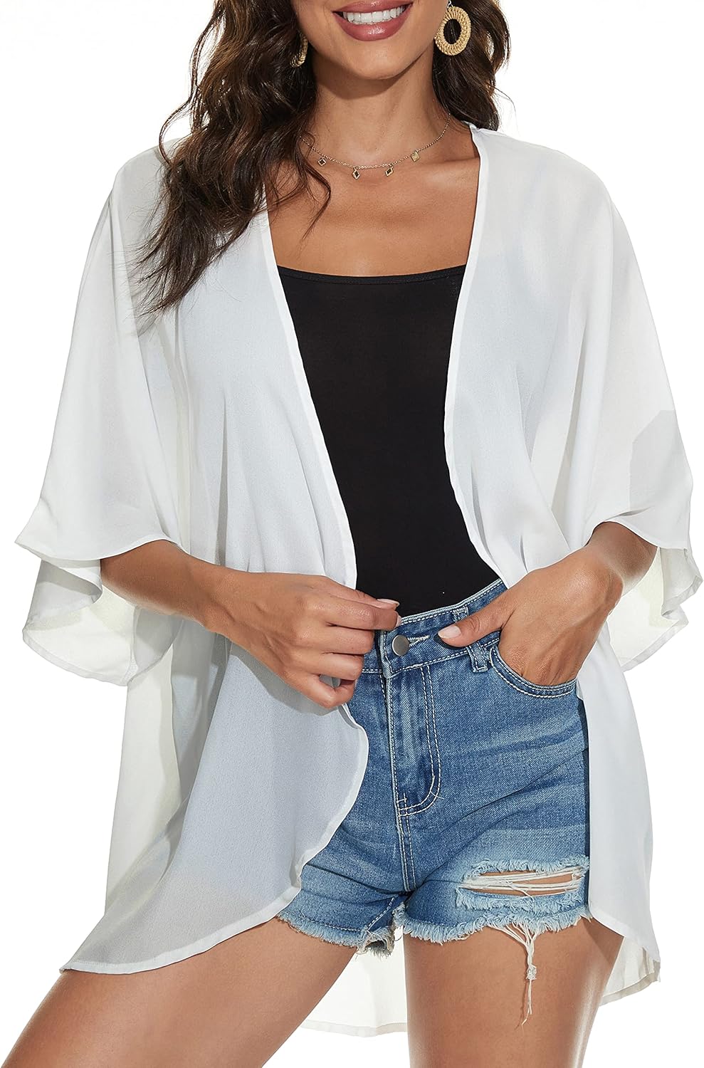 Women's Floral Print Puff Sleeve Kimono Cardigan