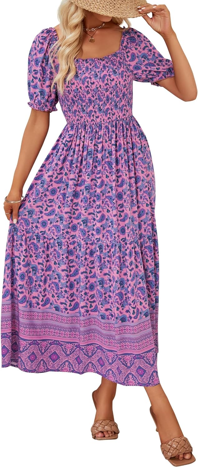 Jojoans Women's 2025 Summer Boho Floral Print Square Neck Ruffle Long Maxi Dress