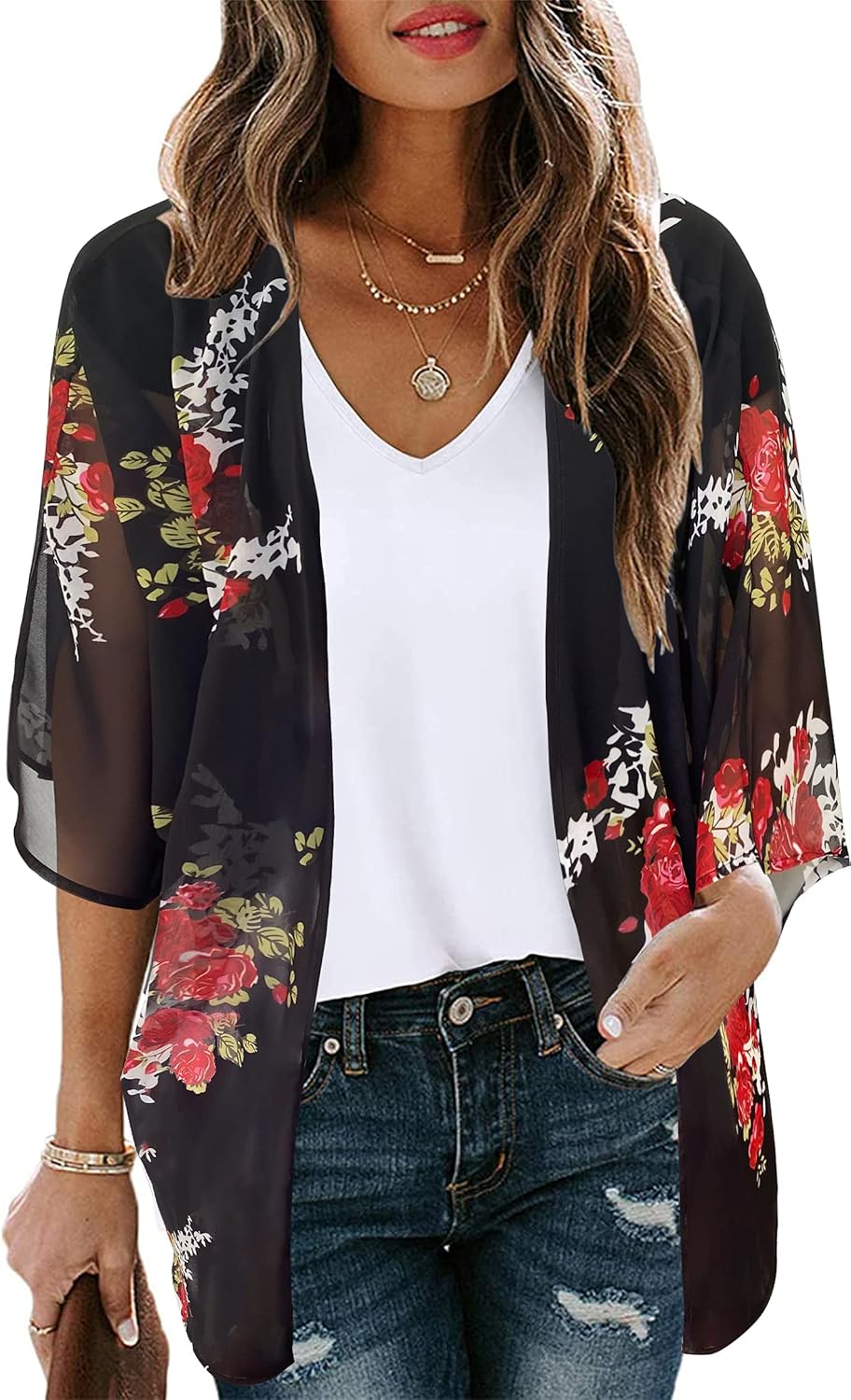 Women's Floral Print Puff Sleeve Kimono Cardigan