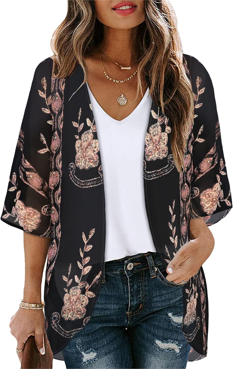 Women's Floral Print Puff Sleeve Kimono Cardigan