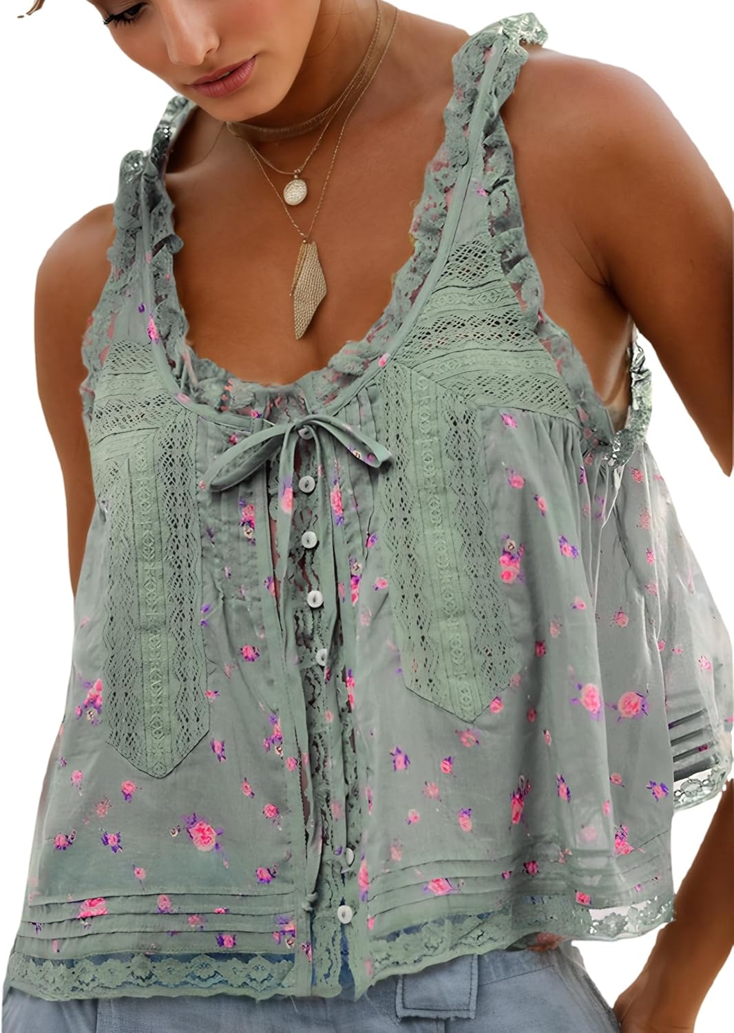Women Summer Beach Vacation Boho Tie Front Tank Top Lace
