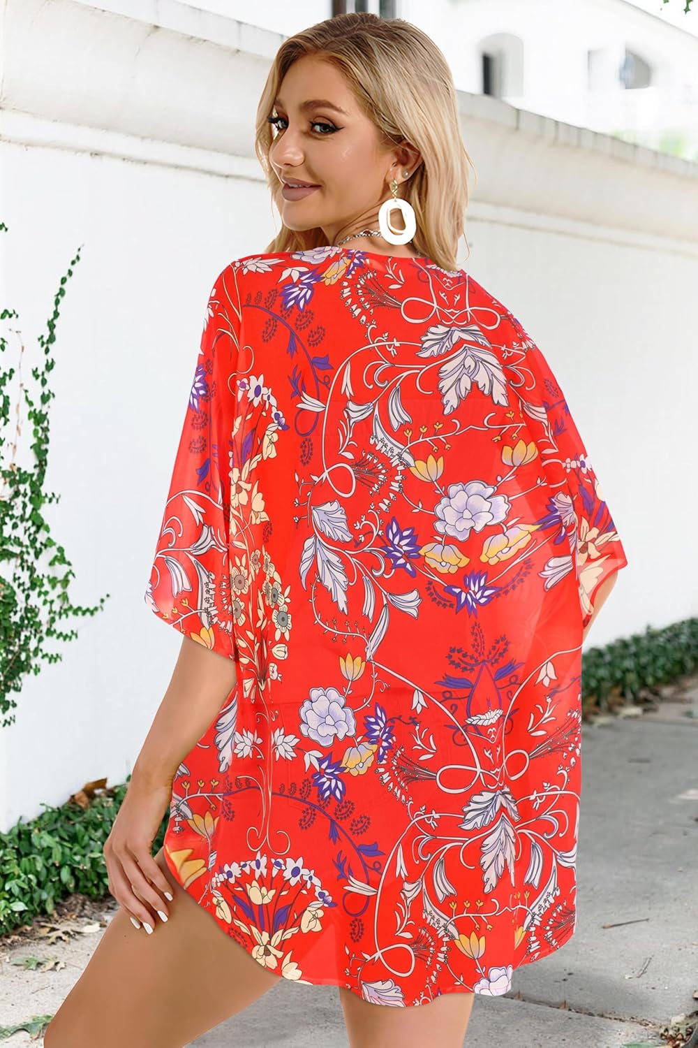 Women's Floral Print Puff Sleeve Kimono Cardigan