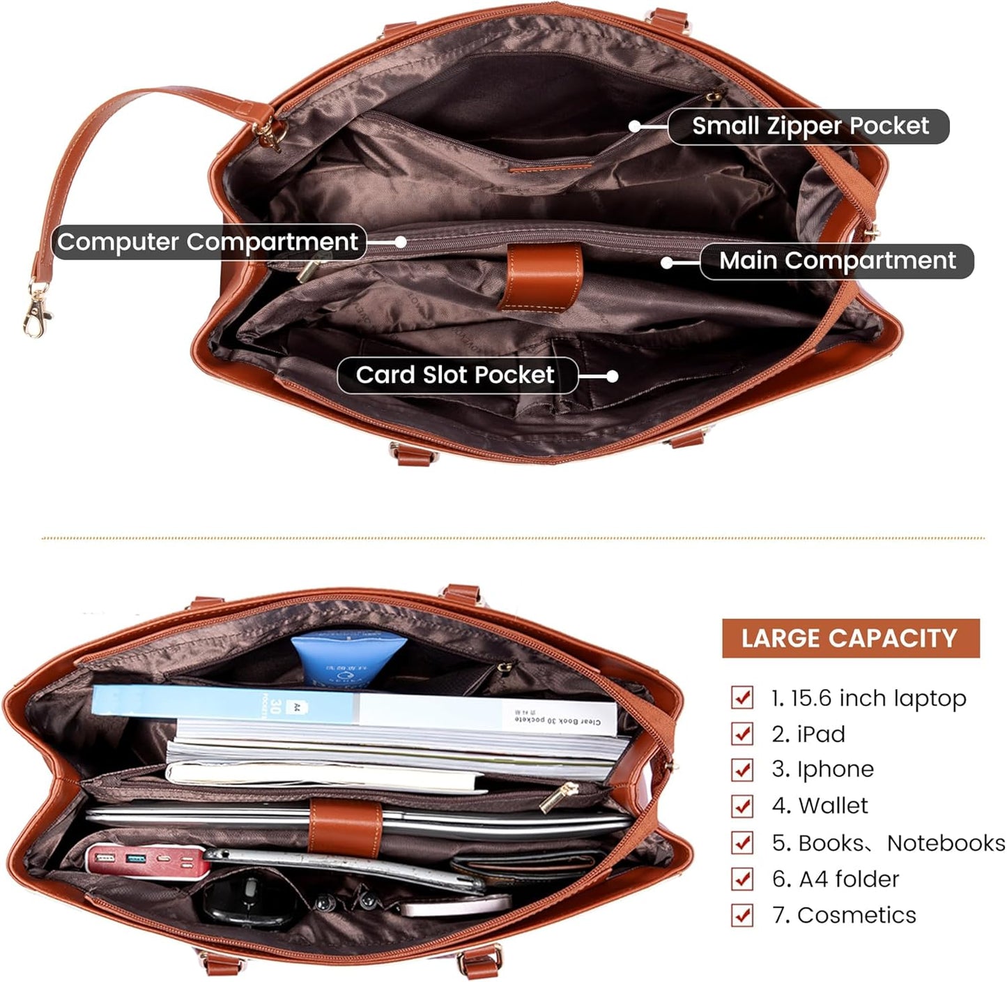Laptop Tote Bag for Women 15.6 Inch Waterproof Leather