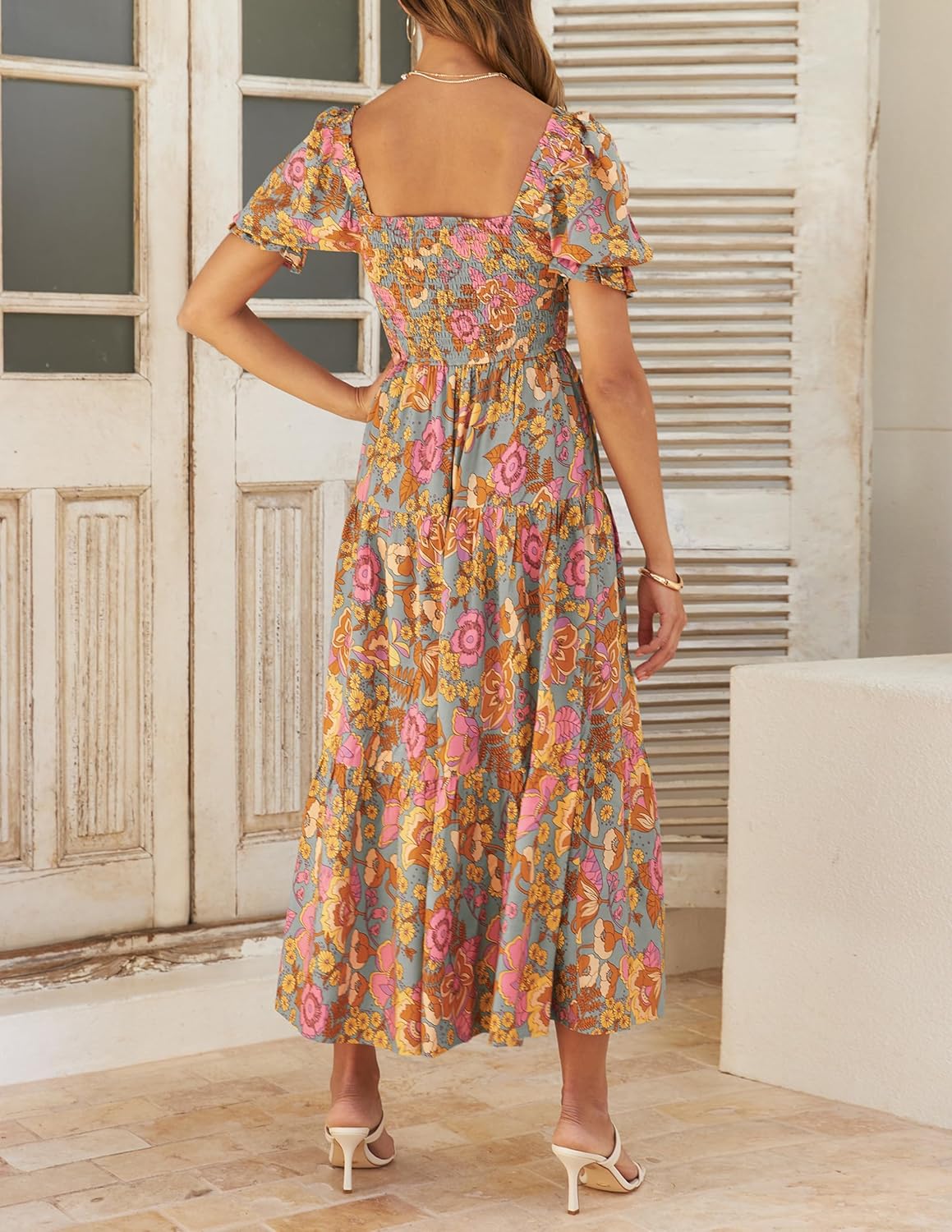 Jojoans Women's 2025 Summer Boho Floral Print Square Neck Ruffle Long Maxi Dress