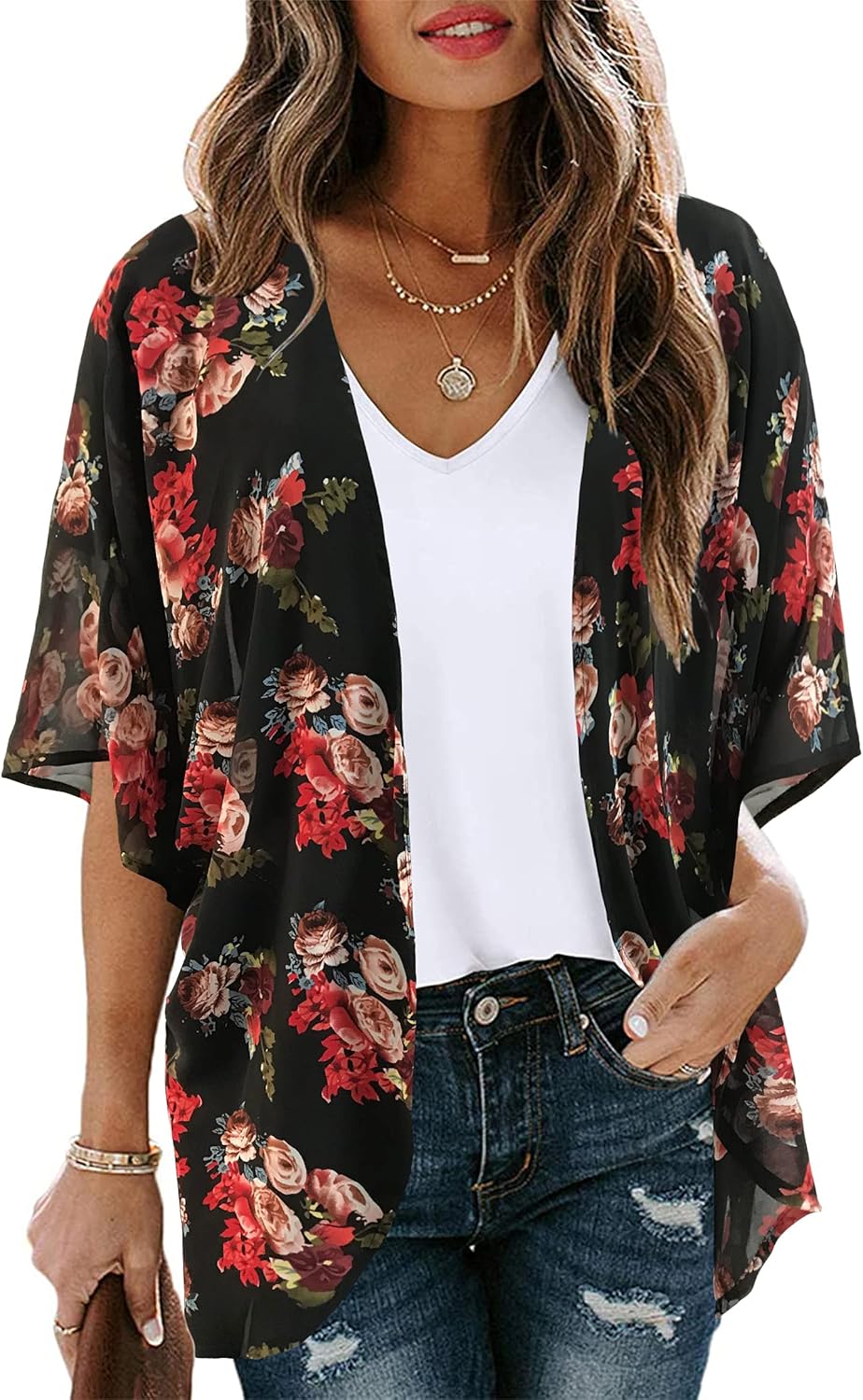 Women's Floral Print Puff Sleeve Kimono Cardigan